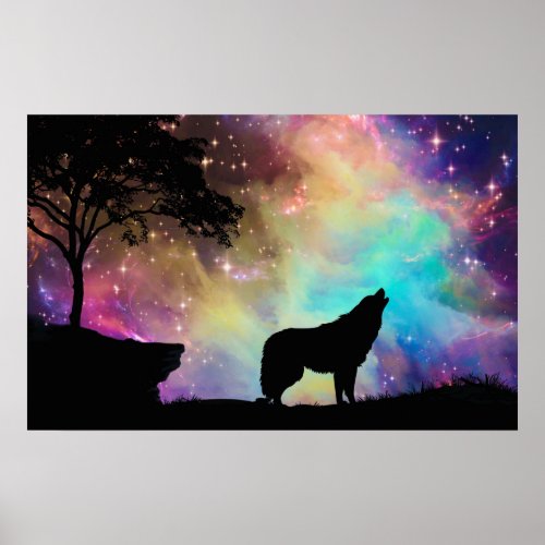 Wolf Howling at the Moon Galaxy Stars Animal Poster