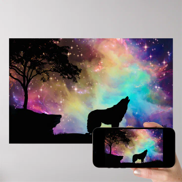 Wolf Howling at the Moon Galaxy Stars Animal Poster | Zazzle