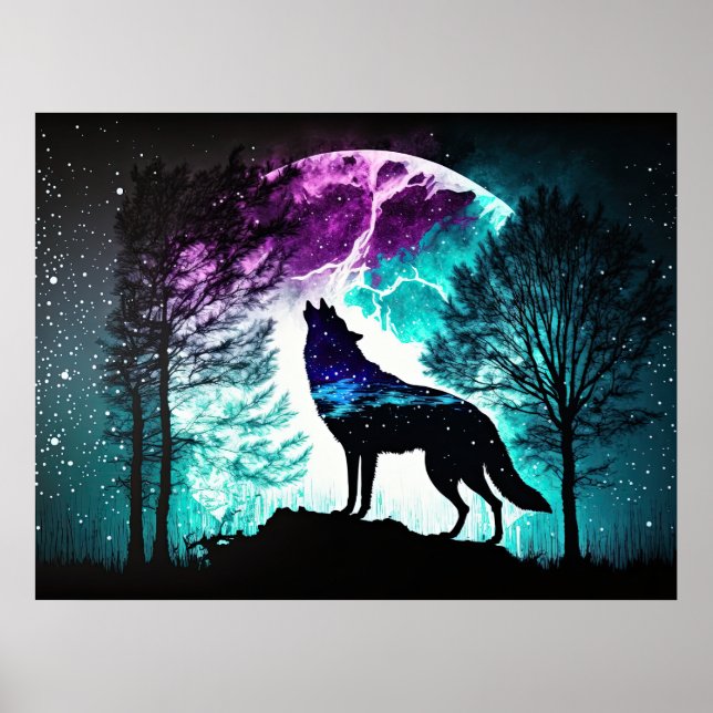 Wolf Howling at the Moon Galaxy Stars Animal Poster (Front)