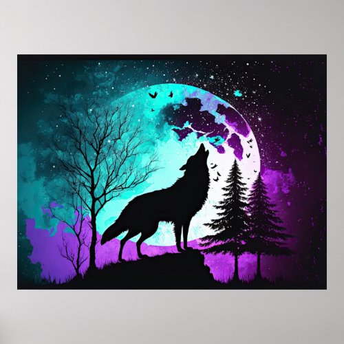 Wolf Howling at the Moon Galaxy Stars Animal Poster