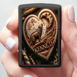 Wolf Howling at the Moon Heart Zippo Lighter