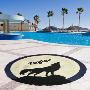 Wolf Howling at the Moon Illustration Personalized Beach Towel