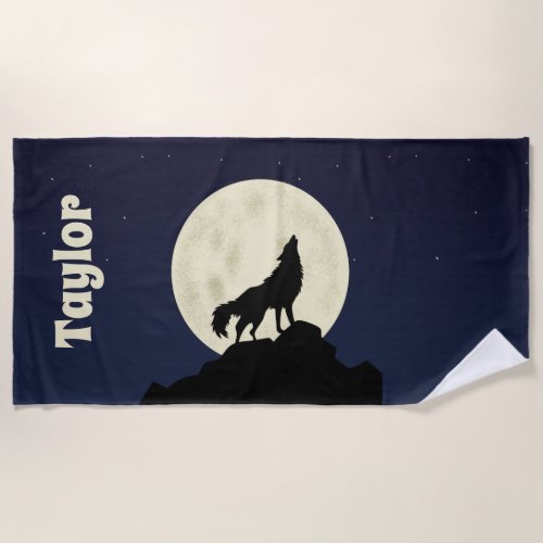 Wolf Howling at the Moon Illustration Personalized Beach Towel