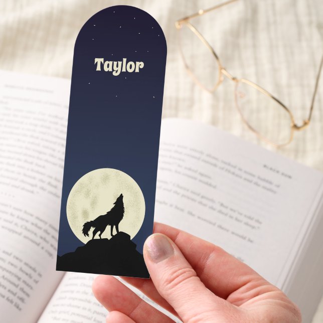 Wolf Howling at the Moon Illustration Personalized Bookmarks (Hand)