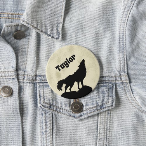 Wolf Howling at the Moon Illustration Personalized Button