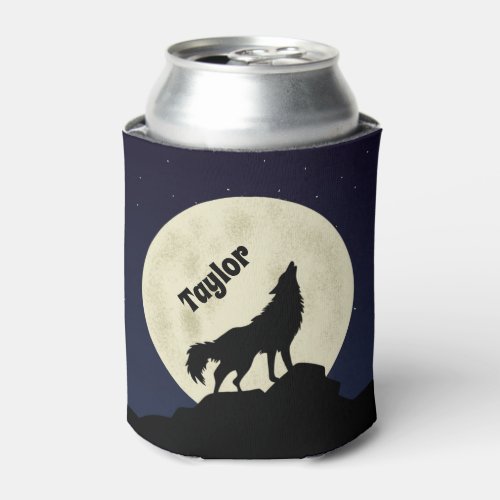 Wolf Howling at the Moon Illustration Personalized Can Cooler