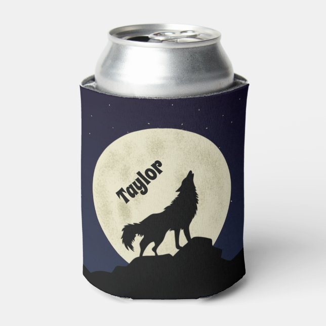 Wolf Howling at the Moon Illustration Personalized Can Cooler (Can Front)