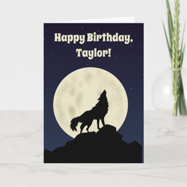 Wolf Howling at the Moon Illustration Personalized Card (Front)
