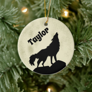 Wolf Howling at the Moon Illustration Personalized Ceramic Ornament