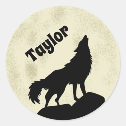 Wolf Howling at the Moon Illustration Personalized Classic Round Sticker