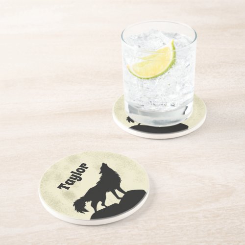 Wolf Howling at the Moon Illustration Personalized Coaster