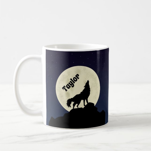 Wolf Howling at the Moon Illustration Personalized Coffee Mug (Left)