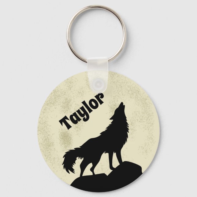 Wolf Howling at the Moon Illustration Personalized Keychain (Front)
