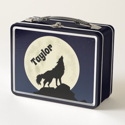 Wolf Howling at the Moon Illustration Personalized Metal Lunch Box