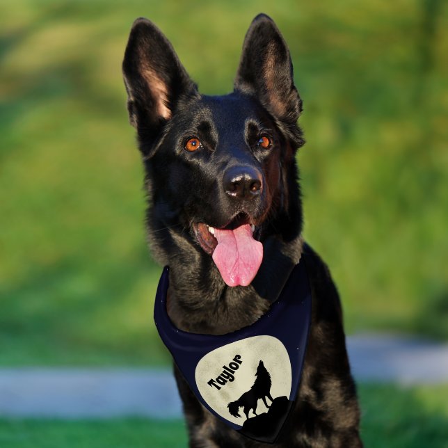 Wolf Howling at the Moon Illustration Personalized Pet Bandana Collar (Dog)