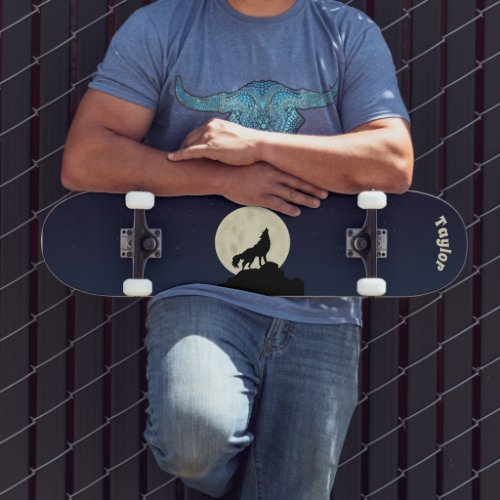 Wolf Howling at the Moon Illustration Personalized Skateboard