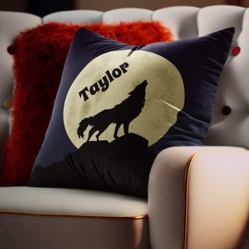 Wolf Howling at the Moon Illustration Personalized Throw Pillow