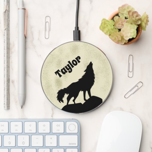 Wolf Howling at the Moon Illustration Personalized Wireless Charger