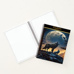 Wolf howling at the moon in a nighttime landscape notebook