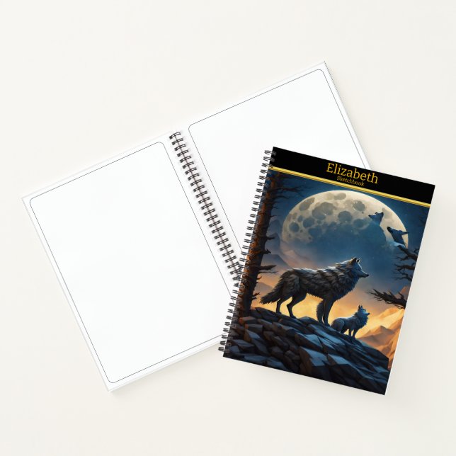 Wolf howling at the moon in a nighttime landscape notebook (Inside)