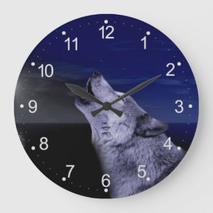 Wolf howling at the moon in the sea large clock