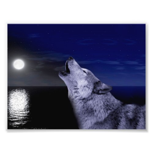 Wolf howling at the moon in the sea photo print