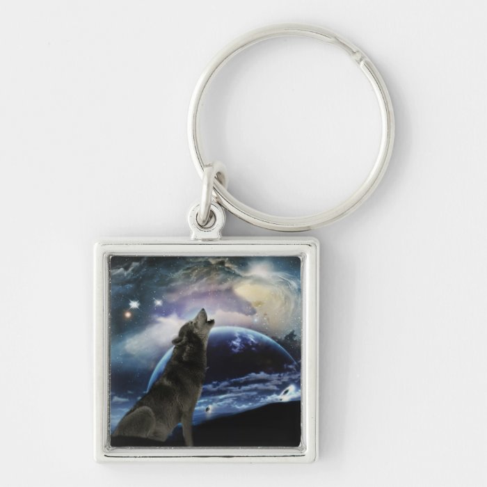 Wolf howling at the moon keychains