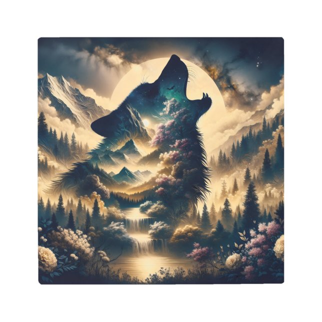 Wolf Howling at the Moon Metal Print (Front)