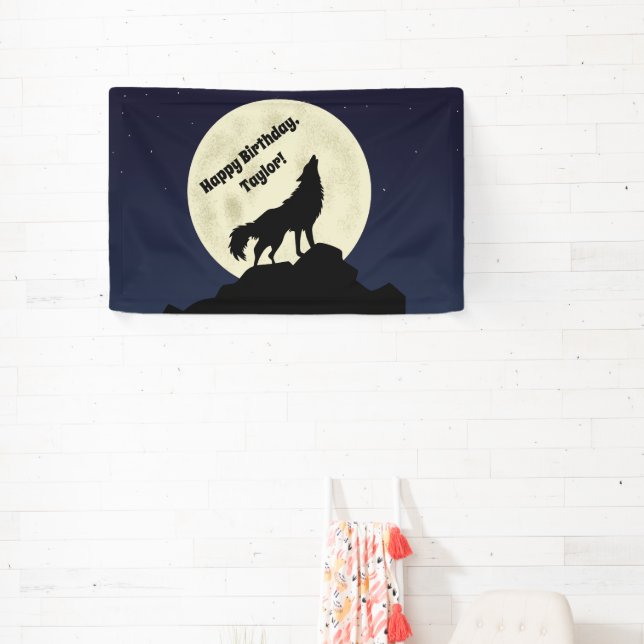 Wolf Howling at the Moon Midnight Blue Banner (Insitu)