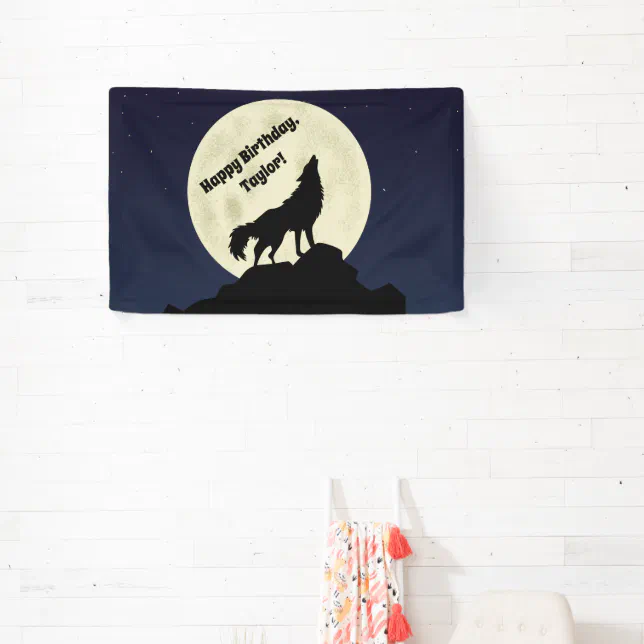 Wolf Howling at the Moon Midnight Blue Banner | Zazzle