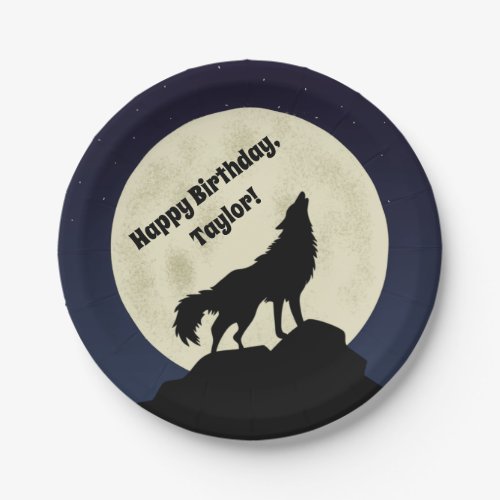 Wolf Howling at the Moon Midnight Blue Paper Plates