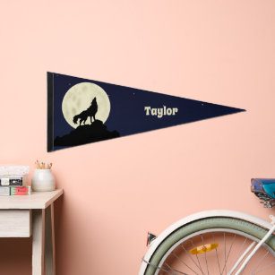 Wolf Howling at the Moon Midnight Blue  Pennant Flag