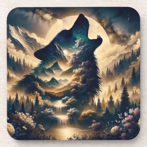 Wolf Howling at the Moon on a Cloudy Night Beverage Coaster