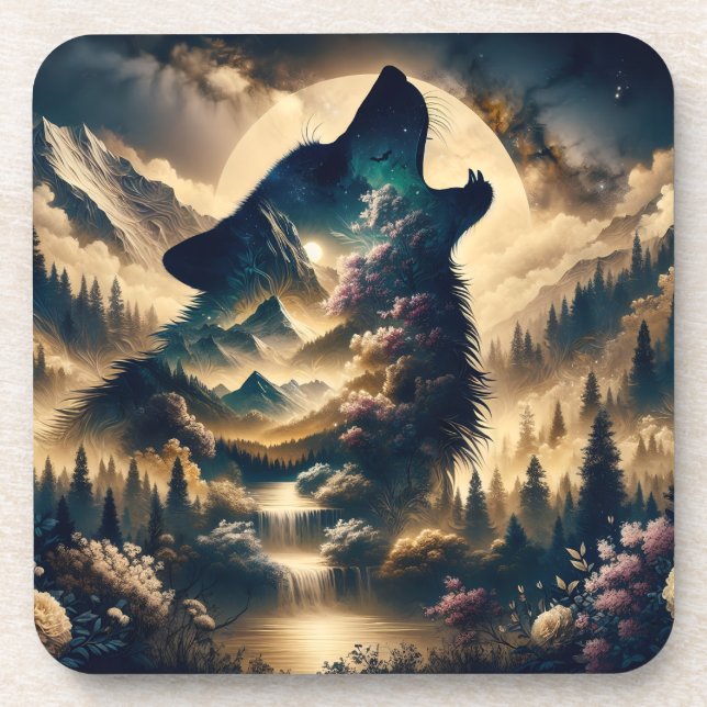 Wolf Howling at the Moon on a Cloudy Night Beverage Coaster (Front)