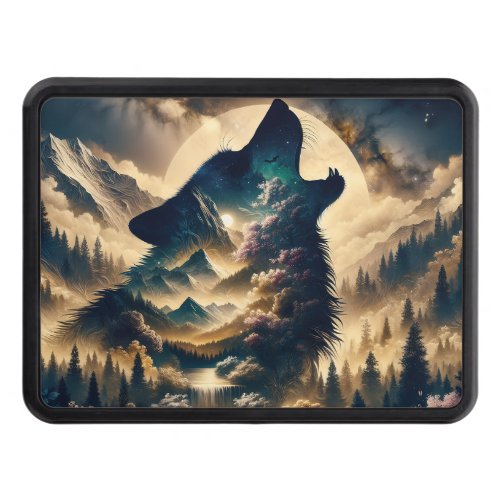 Wolf Howling at the Moon on a Cloudy Night Hitch Cover