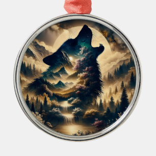 Wolf Howling at the Moon on a Cloudy Night Metal Ornament