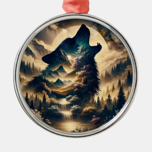 Wolf Howling at the Moon on a Cloudy Night Metal Ornament
