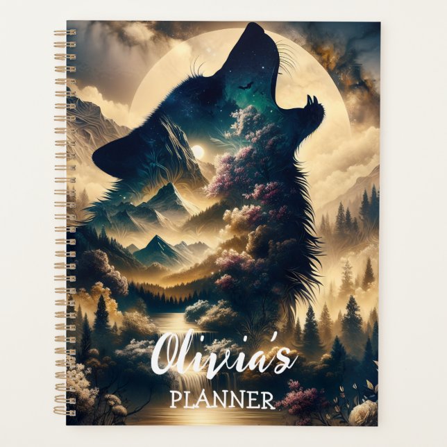 Wolf Howling at the Moon on a Cloudy Night Planner (Front)