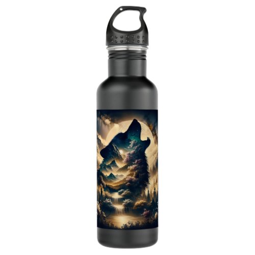 Wolf Howling at the Moon on a Cloudy Night Stainless Steel Water Bottle