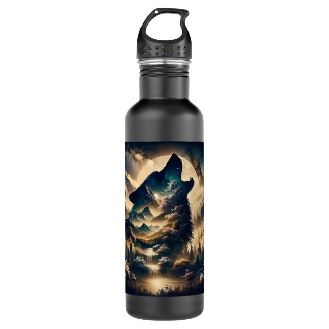 Wolf Howling at the Moon on a Cloudy Night Stainless Steel Water Bottle (Front)