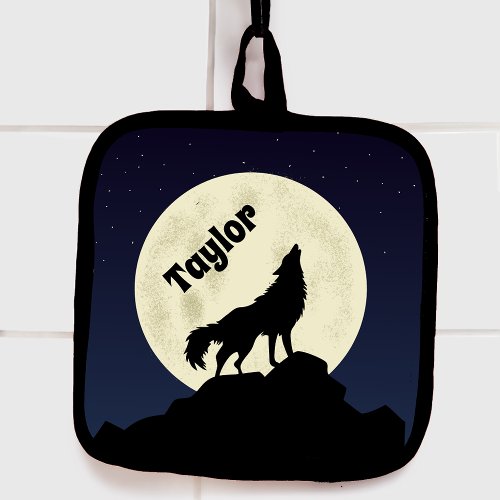 Wolf Howling at the Moon Personalized Pot Holder