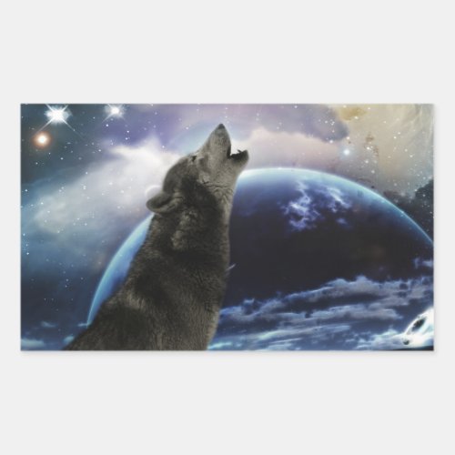 Wolf howling at the moon rectangular sticker