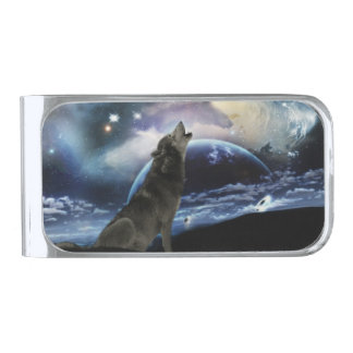 Wolf howling at the moon silver finish money clip