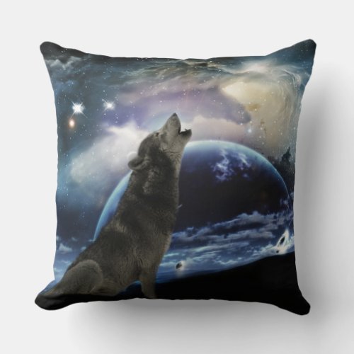 Wolf howling at the moon throw pillow