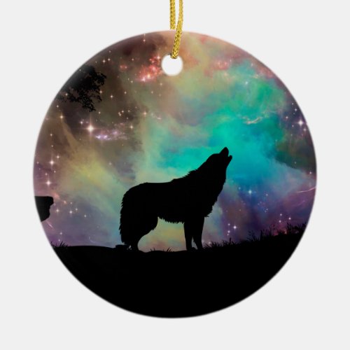 Wolf howling at the universe ceramic ornament