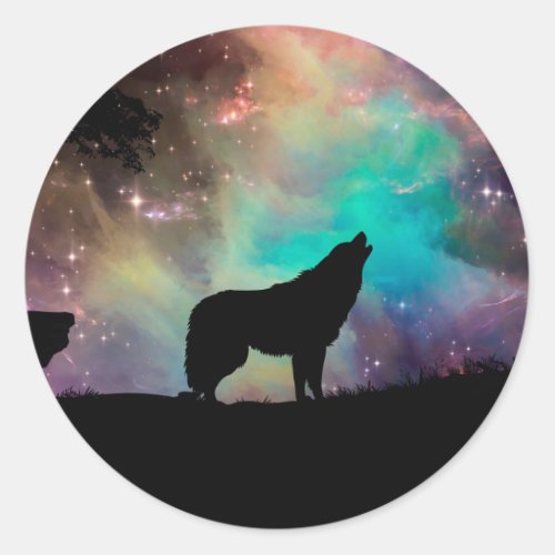 Wolf howling at the universe classic round sticker