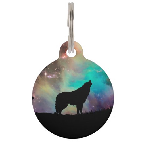 Wolf howling at the universe pet ID tag