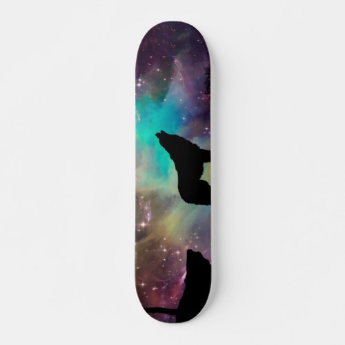 Wolf howling at the universe skateboard