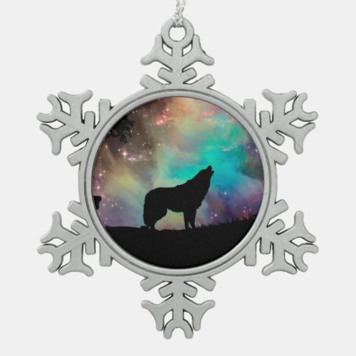 Wolf howling at the universe snowflake pewter christmas ornament