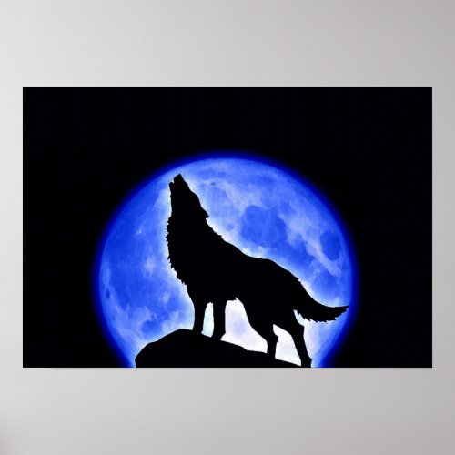Wolf Howling Blue Full Moon Night Poster